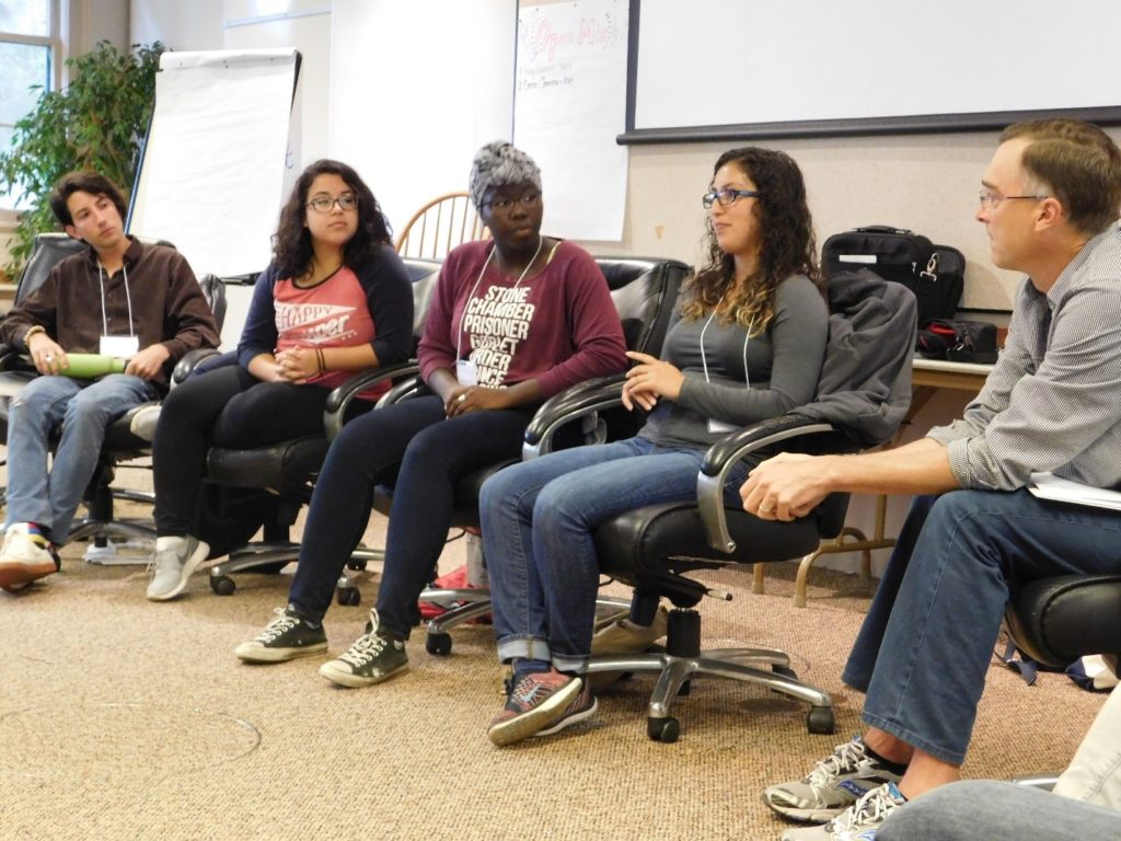 Some of the Fellows sharing their stories during their panel discussion at the Annual Retreat. From left to right: José Chalit of Seattle University, Genesis Lazo of George Mason University, Jemima Oso of Stanford University/Redwood City 2020, Nalya Rodriguez of UC Berkeley and Kent Koth of Seattle University facilitating the discussion.